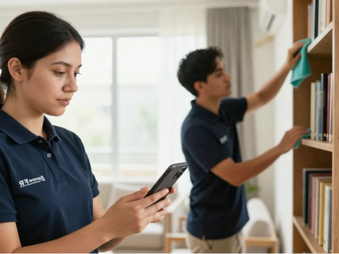 Un equipo de limpieza ordenando una habitación: uno limpia una estantería mientras una compañera consulta su teléfono