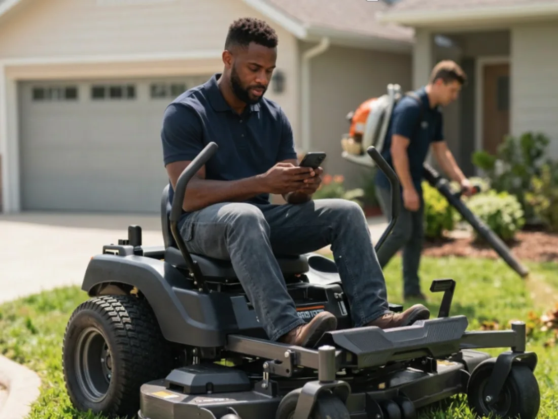 A landscaper on a ride-on mower checking his phone while a coworker uses a leaf blower behind him