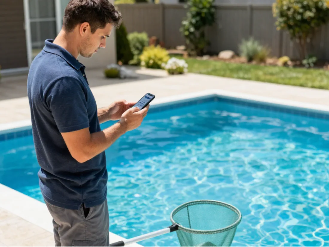 Un técnico de piscinas consultando su teléfono junto a una piscina, con la red recogehojas a mano